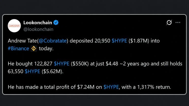 Andrew Tate Lost $727K on Leverage But Made $7M Just Holding HYPE