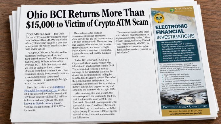 Ohio Returns $15,300 Lost at Crypto ATM in Fake Microsoft Scam