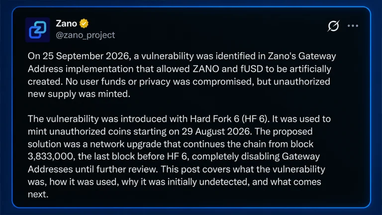 Zano Says Over $200M in Illicit Tokens Led to 30-Day Blockchain Rewind
