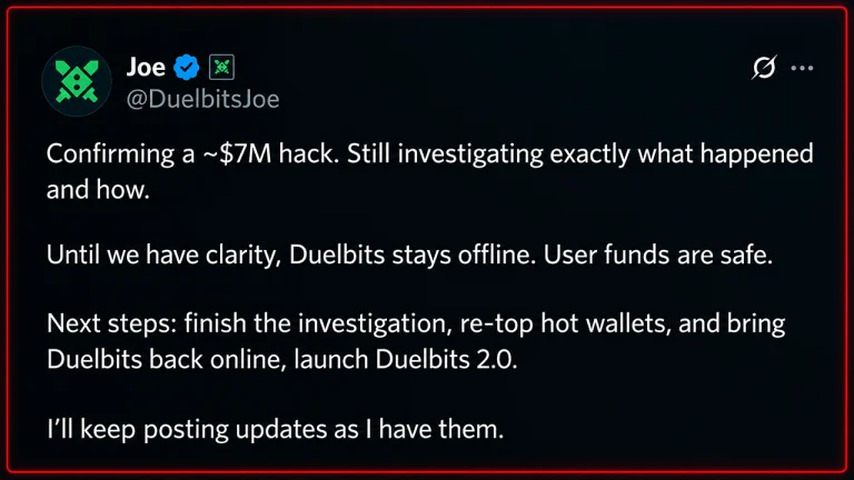 Crypto Casino Duelbits Hit With $7M Hack, Taken Offline