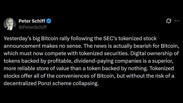 Schiff Warns Tokenized Stocks Will Siphon Liquidity From Bitcoin