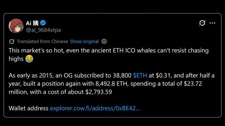 ICO Era Whale Buys ETH at $2,794 as Ethereum Price Now Sits At $2,720
