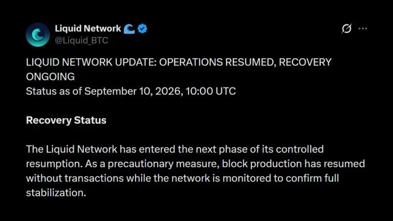 Liquid Network Resumes Block Production After 4,000 BTC Exploit
